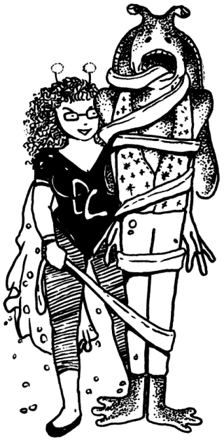 Illo of Dryer-Lint Woman and Jar-Jar Binks